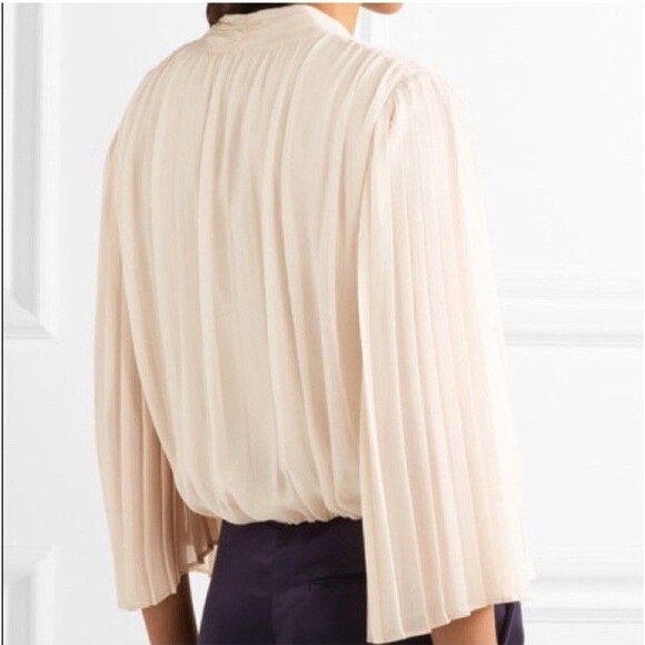 Alice + Olivia Axel Cross Front Top 100% Silk Pleated Sleeves Blouse Champagne M - Picture 5 of 16